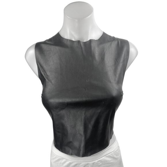Zara Women's Black Faux Vegan Leather Sleeveless Lace Up Back Crop Tank Top Sz S - Picture 1 of 4